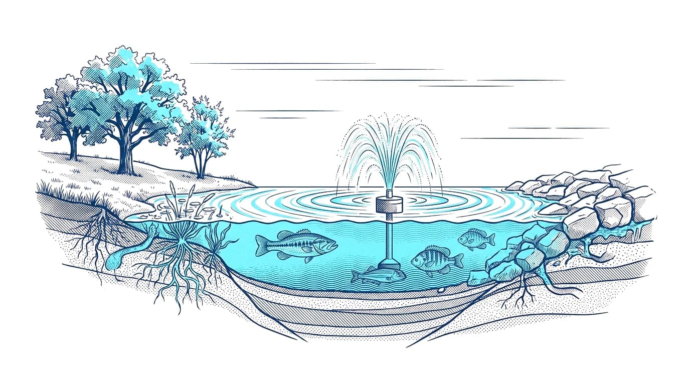 Illustrated cross-section of a North Texas pond with fountain, riprap shoreline, fish and sediment layers