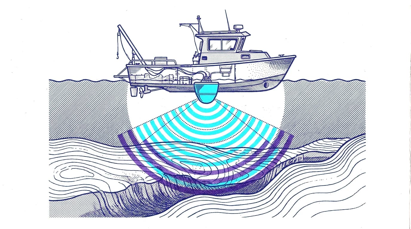 Illustration of a survey boat mapping a lake bed with sonar